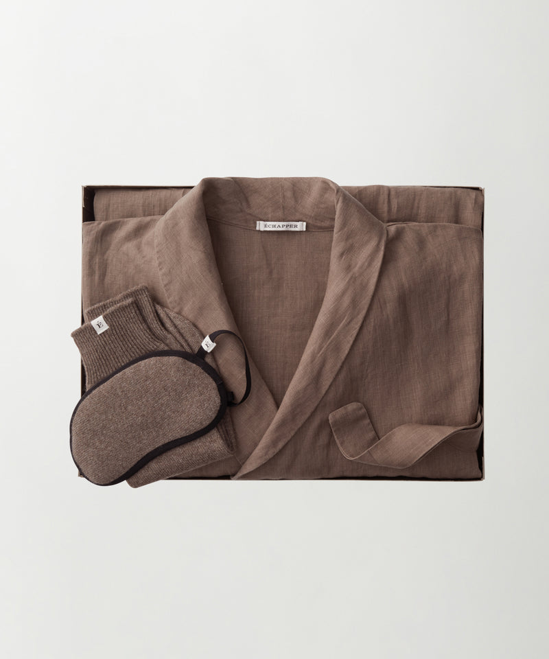 Raw smooth linen robe & Brown cashmere gift set